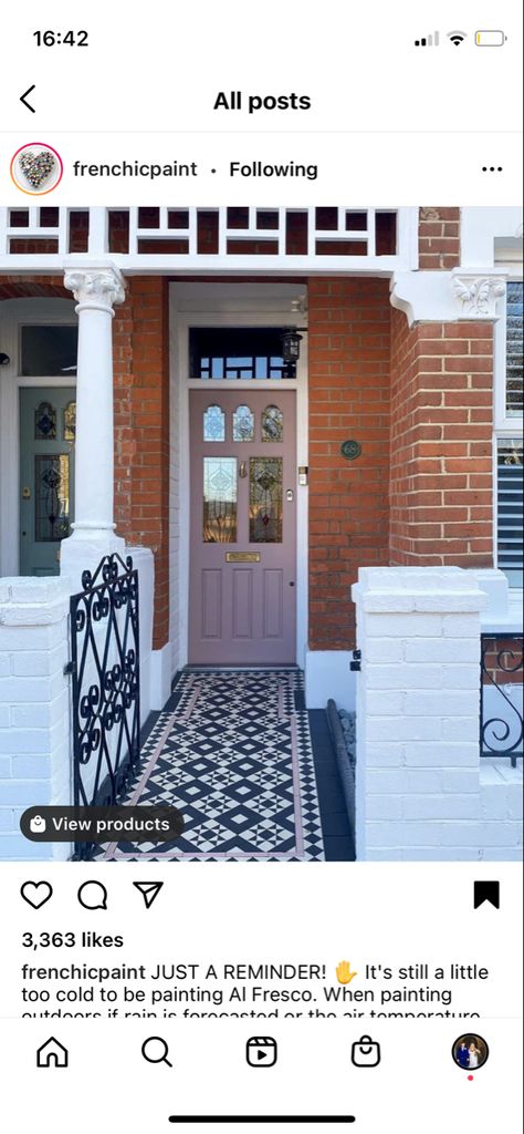 Brick House Front Door Colors, Front Garden Path, Terrace House Exterior, Door Decoration Ideas, Front Path, Victorian Front Doors, Pink Front Door, Door Colour, Edwardian House