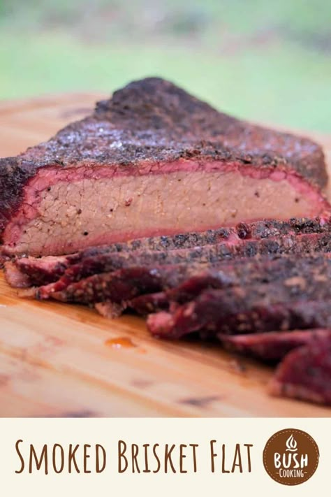 Smoked Brisket Flat is seasoned with a simple Texas-style method, but results in big flavor. The smoking method creates a moist smoked brisket that is ideal for slicing. #bushcooking #brisket #BBQ Brisket Point Recipe, Smoked Brisket Flat Recipe, Smoked Brisket Flat, Smoked Brisket Rub, Brisket Dry Rub, Smoker Brisket, Smoked Beef Brisket Recipes, Bbq Pork Tenderloin, Brisket Flat