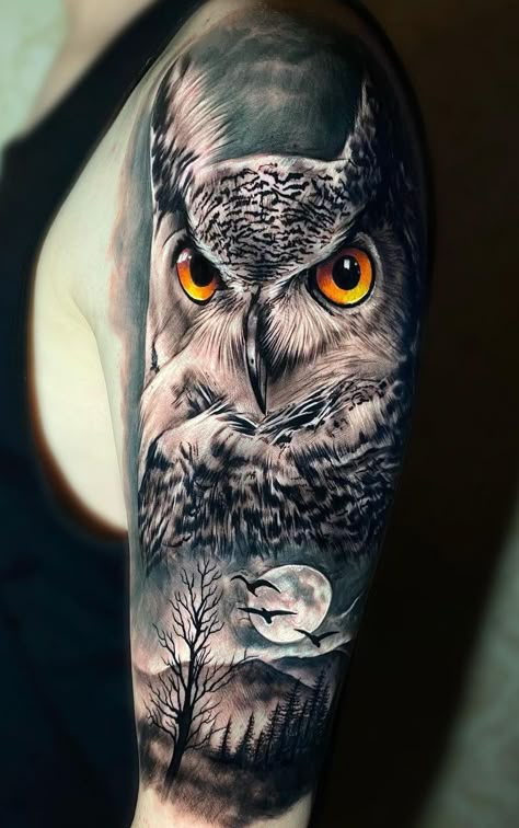 Lion King Decorations, Owl Forearm Tattoo, Baphomet Tattoo, Owl Eye Tattoo, Tattoo Bicep, Mens Owl Tattoo, Realistic Owl Tattoo, Owl Tattoo Sleeve, Darkside Tattoo