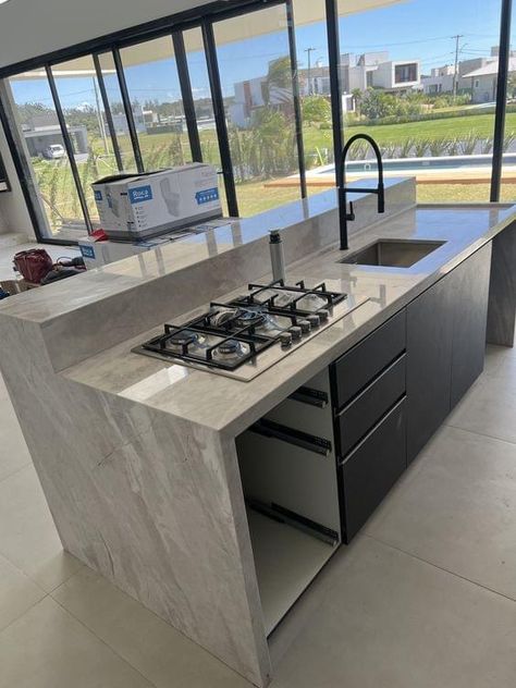 Sink On Kitchen Island, Kitchen Sink On Island, Dark Wood Accents, Cooking Island, Concrete Countertops Colors, Desain Pantry, Concrete Countertops Kitchen, Diy Concrete Countertops, Monte Cristo