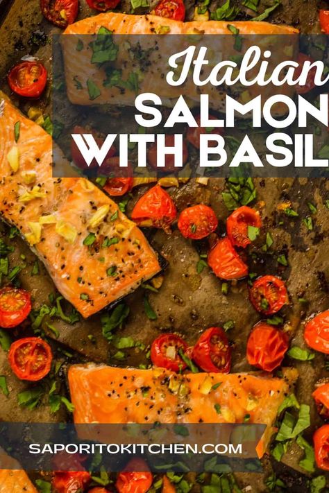 This Italian salmon recipe is full of fresh, delicious flavors. Salmon fillets are roasted in the oven with fresh tomatoes, and garlic and finished off with fresh basil. This easy recipe is done in less than 30 minutes in a few simple steps, for the perfect weeknight meal. Salmon With Tomatoes, Italian Salmon, Roasted Salmon Recipes, Seared Salmon, Fire Roasted Tomatoes, Easy Italian, Roasted Salmon, Salmon Recipe, Cooking On The Grill