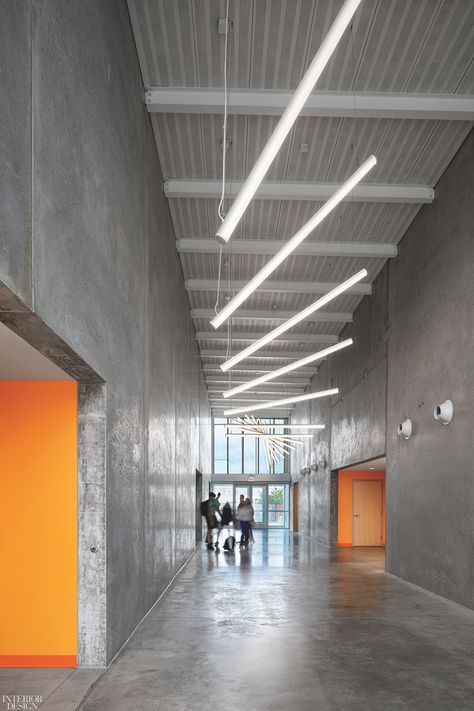 Urban Living Room, Athletic Center, Nyc Interior Design, Corridor Lighting, Learning Differences, School Interior, Design Hallway, Corporate Interiors, Precast Concrete