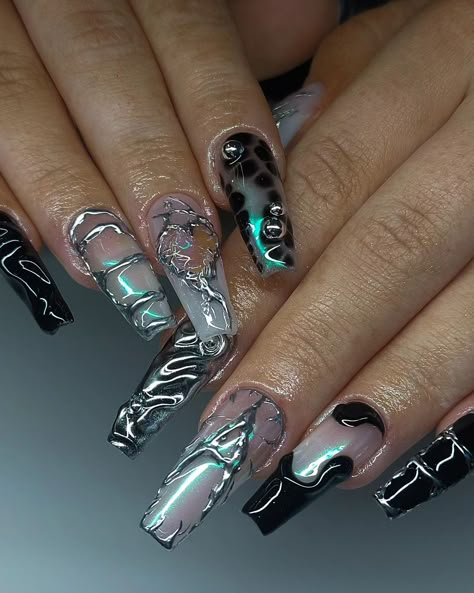 Valentines Metallic Nails, Mixed Metal Nail Art, Metal Mixing, Molten Nail Art, Mixed Metal Nails, Metallic Flame Nails, Molten Metal Nail Art, Molten Chrome Nails, Molten Silver Nails