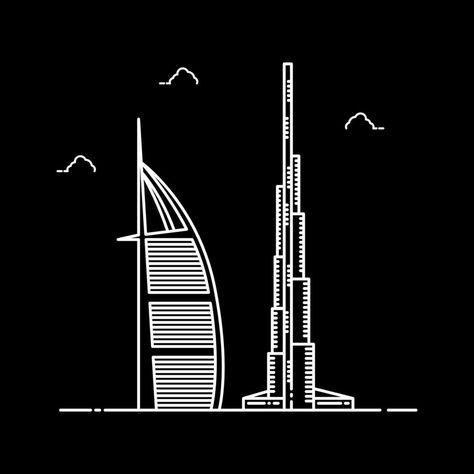 Burj Al Arab and Khalifa Tower. Dubai Landmark Building. Line Icon Vector Design Dubai Graphic Design, Arab Logo, Dubai Logo, Khalifa Tower, Dubai Burj Khalifa, Waiting Room Design, Dubai Design, Beach Drawing, Istanbul Photography