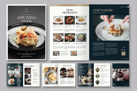 Menu Brochure Template, Print Templates ft. menu & menus - Envato Menu Design Booklet, Restaurant Brochures, Menu Brochure, Best Brochure Design, Ebook Template Design, Hotel Menu, Recipe Book Design, Seafood Menu, Menu Layout