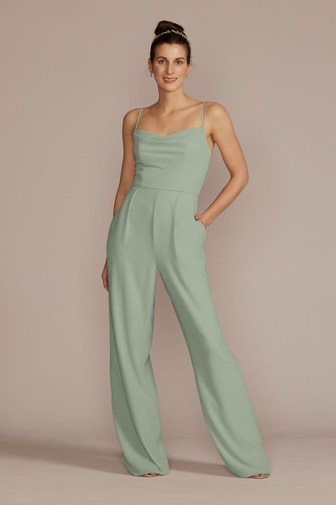 Bridesmaid Dresses - Celebrate DB Studio Chiffon Spaghetti Strap Bridesmaid Jumpsuit Style # F20580 – View Image 1 Sage Green Bridesmaids Dresses, Green Satin Bridesmaid Dresses, Sage Green Bridesmaid Dresses, Bridesmaid Jumpsuit, Sage Green Bridesmaid, Bridesmaids Jumpsuits, Charmeuse Dress, Midi Bridesmaid Dress, Sage Green Bridesmaid Dress