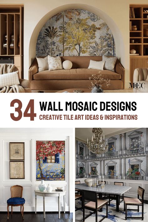 34 Inspiring Mosaic Ideas for Walls: Enhancing Your Space with Mosaic Wall Art Murals - MEC Blog Framed Tile Wall Art, Tile Accent Wall Living Room, Mosaic Wall Art Murals, Wall Mosaic Ideas, Mosaic Artwork Ideas, Mosaic Bedroom, Tile Mosaic Art, Ideas For Walls, Wall Art Murals