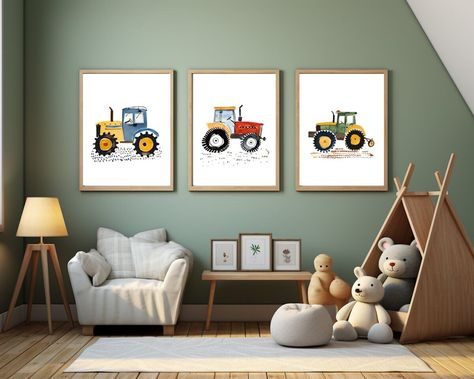 Tractor Print, Set of 3 Nursery Prints, Farm Vehicle Wall Art, Baby Boy Playroom Home Decor, Green Red Blue Tractor Gift, Digital Download - Etsy UK Tractor Boy Bedroom, Tractor Bedroom For Boys, Farm Room Ideas Bedrooms Kids, Tractor Boy Room, Vehicle Room For Boys, Farm Theme Bedroom Boys, Baby Boy Tractor Nursery, Farm Baby Room Ideas, Kids Tractor Room