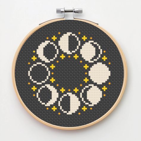 ★ About The Pattern ★  Total stitches: 710 Floss: DMC  Number of colors: 3 Fabric: 14 count Size: 3.5 x 3.5 inches   Hoop size: fits a 4 inch hoop Design: the phases of the moon arranged in a circle ★ What You Get With This Purchase ★  A PDF file with the following:  1. Picture of the finished pattern. 2. The pattern in colored symbols.  3. The pattern in symbols in black & white. 4. The pattern in symbols on colored blocks. 5. List of DMC threads needed for the pattern. ★ Important Notes ★ This purchase is for the PDF pattern only, no physical product will be mailed. If you have any questions about the pattern or how to download it, please send me a message.  This pattern is for personal use only, not commercial use. ★ Still have questions? ★ Send me a message & I'll be happy to help! Cross Stitch Moon Phases, Witchy Cross Stitch Patterns Free, Easy Cross Stitch, Simple Cross Stitch Patterns, Moon Cross Stitch, Autumn Cross Stitch Patterns, Cross Stitch Border Pattern, Pumpkin Colors, Couture Sewing