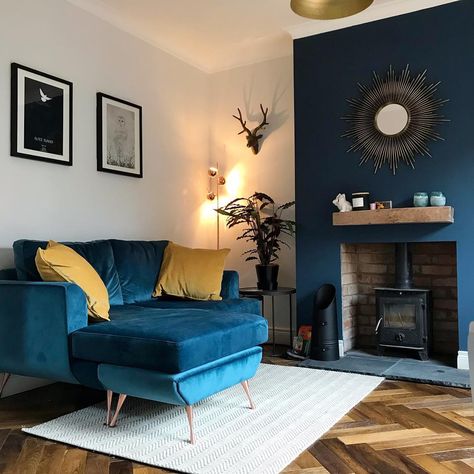 Emma on Instagram: “This is definitely my favourite room and the room that took the most work. We knocked a wall through into the kitchen to create a lounge /…” Navy Living Rooms, Glam Living Room Decor, Blue Couch, Snug Room, Furnitur Ruang Keluarga, Victorian Living Room, Dark Living Rooms, Blue Living Room Decor, Glam Living Room