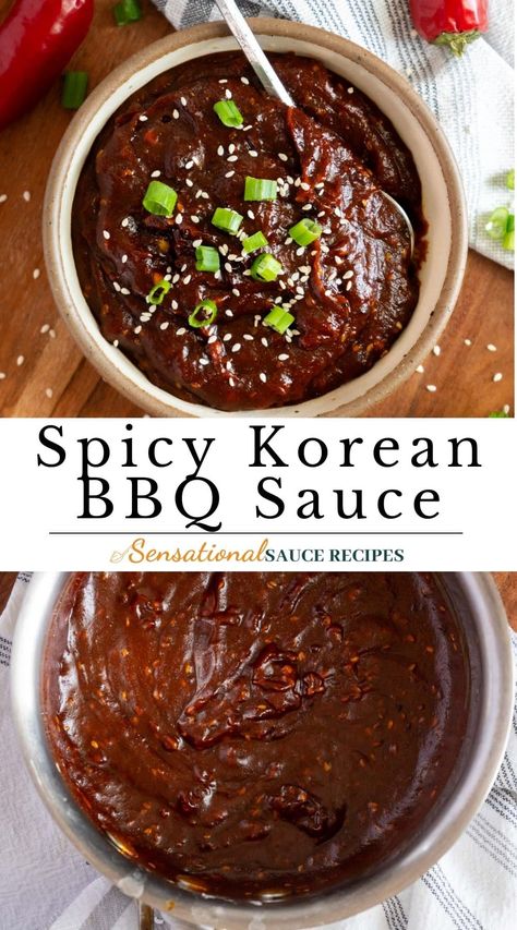 Korean BBQ Sauce This spicy Korean bbq sauce recipe has the perfect sweet heat and umami flavor. This easy BBQ sauce recipe only takes 15 minutes and can jazz up all your favorites! Korean Brisket Sauce, Korean Bbq Dipping Sauce Pork Belly, Korean Bbq Sauce Gochujang, Korean Bbq At Home Sauce, Korean Sauces Recipes, Unique Bbq Sauce, Gochujang Bbq Sauce, Japanese Bbq Sauce Recipe, Korean Sauce Recipe