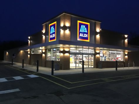 Aldi, Aldi store at night. Store At Night, Aldi Store, Winter Town, Tennis Court, Grocery Store, Nyx, Agriculture, At Night, House Styles