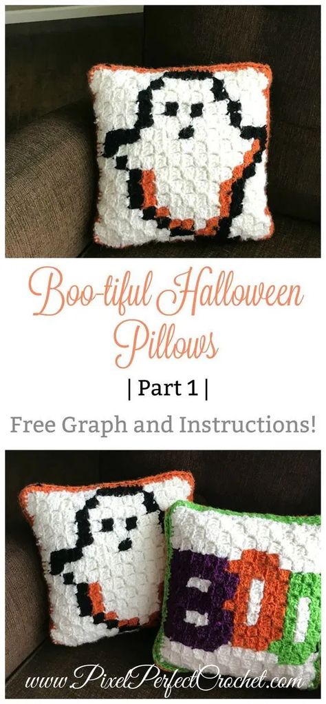 Crochet Halloween Pillow, Crocheted Pillows, C2c Patterns, Crochet Holiday, Corner To Corner Crochet, Boo Tiful, Fall Crochet, Fall Crochet Patterns, Crochet Halloween