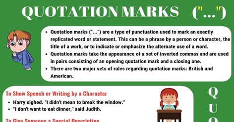 What Are Quotation Marks? What is ('...') called? Learn useful punctuation rules and how to use quotation marks in English with example sentences and ESL worksheets. Quotation Marks What Are Quotation Marks Quotation marks ('...') are a type of punctuation used to mark an exactly replicated word or statement. This can be a phrase by a person or character, the title of a work, or to indicate or emphasize the alternate use of a word. Quotation marks take the appearance of a set of inverted commas Quotation Marks Rules, One Sentence Quotes, Punctuation Rules, Inverted Commas, Being There For Someone Quotes, Quote Mark, Work Quotes Inspirational, Hard Work Quotes, Original Quotes