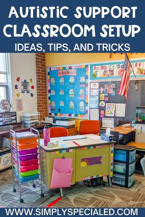 Today I want to share with you my special education classroom layout for an autistic support classroom. Inside my elementary special education classroom, I provide an area for the teacher and teacher assistants. I post the daily routine schedule for special needs kids. The placement of the student desks is important to keep them engaged and learning. Another teacher tip is to incorporate an area for centers and independent workstations. A calm corner in the classroom is a must too! Additional Support Needs Classroom, Austim Classroom Ideas, Structured Teaching Classroom Setup, Learning Support Classroom Ideas, Centers For Special Education Classroom, Kindergarten Special Education Classroom, Special Education Elementary Classroom, Special Ed Classroom Setup Elementary, Elementary Special Education Classroom Decor