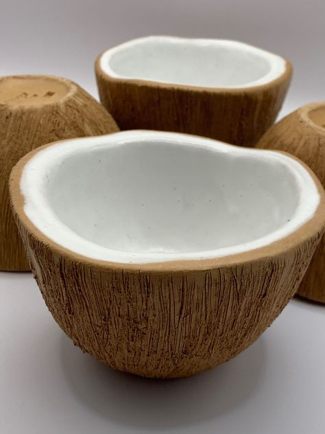 Coconut Bowls by Ed Langbein - Italy - Vintage - MCM Set Of 3 Ceramics, Slump Bowl Ceramics, Pottery Bowls Cool, Pinch Pot Glaze Ideas, Ceramic Coconut Bowl, Coconut Ceramic Bowl, Fruit Bowls Ceramic Pottery, Clay Bowl Cute, Ceramic Pinch Bowl