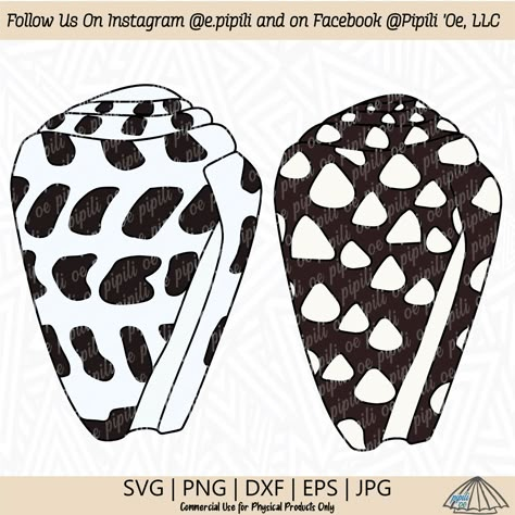 This design is of a hebrew cone shell and there are 2 different designs. The commonly found cone shell from Hawai'i beaches are covered in black ploygon shapes with a white or slightly pink background. This design has a second shell with another type of design that can be found on cone shells. This design has both and outline and a fill part to it. If you need a file type that we don't offer, please message us. Pipili Oe, LLC ™ Commercial small business use and personal use allowed on physical p Cone Shell Tattoo, Shell Outline, Shell Png, Hebrew Cone Shell, Shell Clip, Shell Drawing, Shell Tattoos, Cone Shell, Procreate Ipad Art