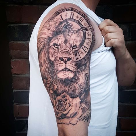 15+ Lion and Clock Tattoo Designs | Cool Lion Clock Tattoos Clock Tattoo Designs, Lion And Rose Tattoo, Tattoo Frau, Pocket Watch Tattoo Design, Jasmine Tattoo, Lion Shoulder Tattoo, Clock And Rose Tattoo, Watch Tattoo Design, Lion Tattoo Sleeves