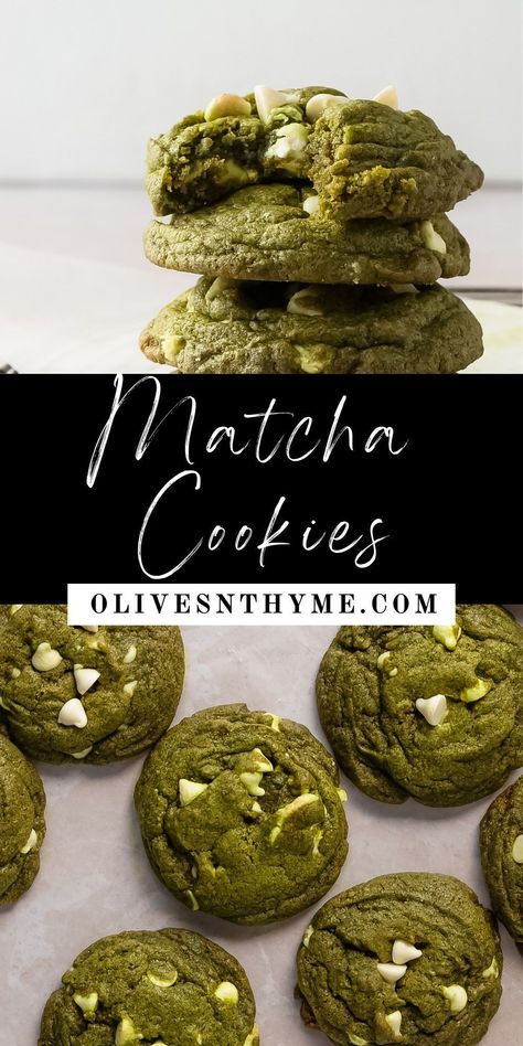 These matcha cookies are soft, chewy and gooey with crisp edges. They’re made with brown butter, matcha green tea and white chocolate chips. These matcha white chocolate cookies are a fun twist on the classic chocolate chip cookie you will love! Matcha Green Tea Cookies, Matcha And White Chocolate Cookies, Matcha White Chocolate Chip Cookies, Matcha Macadamia Cookies, Chewy Matcha Cookies, Green Tea Cookies Recipe, Matcha Raspberry Cookies, Matcha Chocolate Cookies, Matcha Oatmeal Cookies