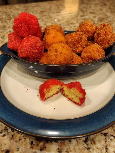 [Homemade] Fried Flaming Hot Cheetos Cheetos Spicy Nacho Doritos Mac Cheese Balls (Left to Right) Nacho Doritos, Mac Cheese Balls, Flaming Hot Cheetos, Mac N Cheese Balls, Doritos Nachos, Homemade Fries, Flaming Hot, Hot Cheetos, Cheese Balls