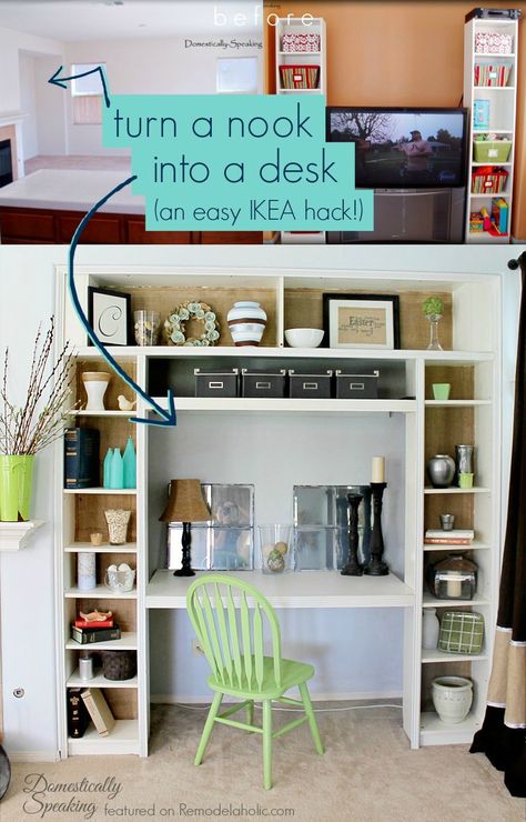 Use IKEA bookshelves to turn a nook or closet into a built-in desk Domestically Speaking featured on @Remodelaholic Desk With Bookcases On Each Side, Apartemen Studio, Desk Nook, Homework Room, Ikea Bookcase, Desk Diy, Ikea Bookshelves, Bookcase Desk, Ikea Shelves