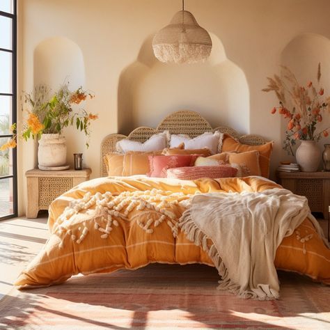 Medeteranian Interior, Spanish Mediterranean Bedroom, Desert Bedroom, Tuscan Interior, Bed Inspo, Mediterranean Bedroom, Fall Bedroom Ideas, Earthship Home, Cozy Fall Bedroom