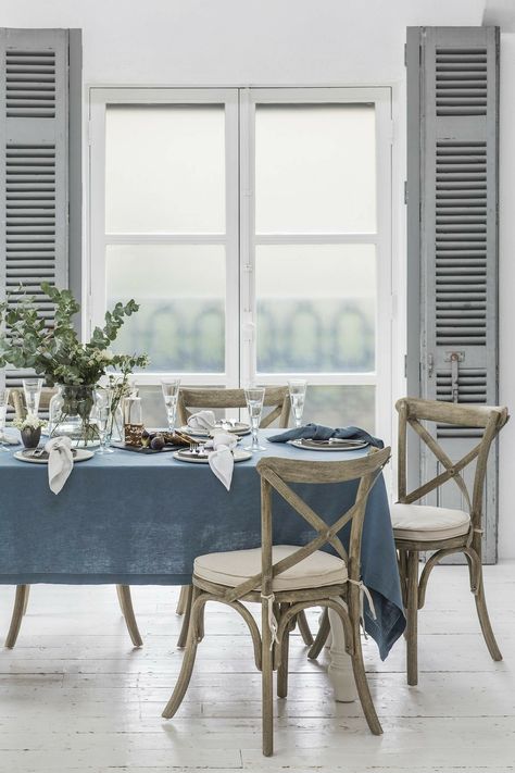 Blue Linen Tablecloth, Parisian Style Home, Blue Table Cloth, Parisian Blue, Linen Tablecloths, Blue Table, Blue Living Room, Natural Home Decor, Fine Linen