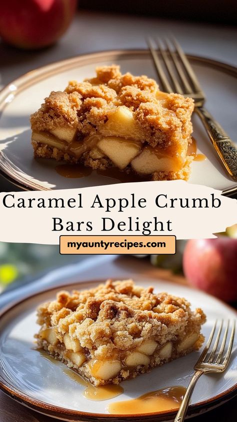 These Sweet Caramel Apple Crumb Bars bring the flavors of fall with a combination of tender apples, caramel, and a golden crumb topping. Great for fall recipes, they’re easy to make and perfect for dessert or snacking. Serve these bars warm for a cozy, comforting treat everyone will enjoy! Caramel Apple Pie Bars Recipe, Caramel Apple Crumb Bars, Easy Delicious Fall Desserts, Apple Desserts Christmas, Apple And Caramel Desserts, Salted Caramel Apple Pie Bars, Thanksgiving Recipes Dessert Apple, Thanksgiving Dessert Bars, Apple Caramel Dessert