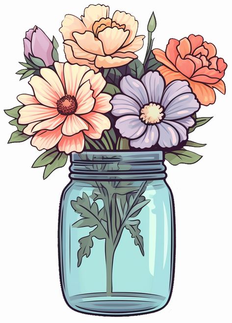 Jar Of Flowers, Flower Bouquet Drawing, Markers Drawing Ideas, Clear Jars, Plant Wallpaper, Marker Drawing, Fashion Design Drawings, Flower Clipart, Creative Drawing