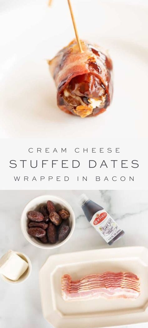 Delicious bacon wrapped dates stuffed with cream cheese. The ultimate combination of sweet and savory flavors, you’re going to love this incredible appetizer! Cream Cheese Stuffed Dates Wrapped In Bacon, Bacon Wrapped Dates With Cream Cheese, Cream Cheese Stuffed Dates, Stuffed Dates Wrapped In Bacon, Dates Wrapped In Bacon, Meaty Appetizers, Bacon Dates, Wrapped Dates, Stuffed Dates