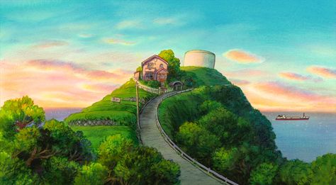 Studio Ghibli Ponyo House, Studio Ghibli Background, Scenery Background, Studio Ghibli Movies, Studio Ghibli Art, Ghibli Movies, Ghibli Art, Sea Art, A Hill