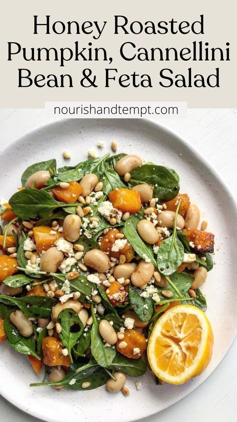 A birds-eye of a salad with roasted pumpkin, spinach pine nuts and feta. Roast Pumpkin Salad, Cannellini Bean, Vegetarian Salad, Pumpkin Salad, Rocket Salad, Roasted Pumpkin, Salad Dishes, Vegetarian Salads, Toasted Pine Nuts