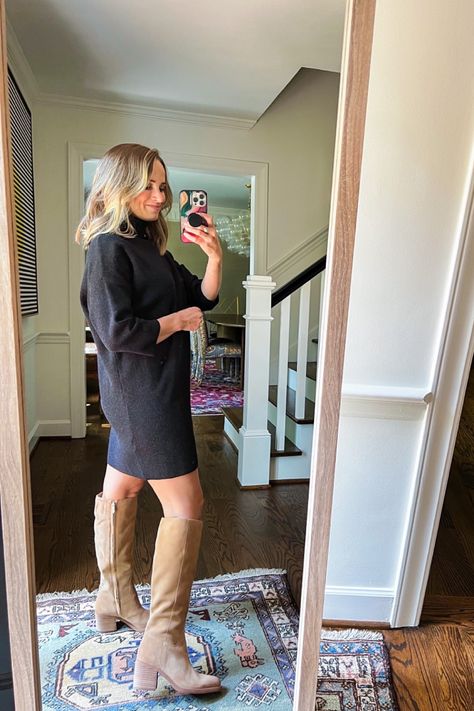 These tall boots are from Nordstrom sale and most sizes are still im stock! This is the perfect casual/dressy fall look! Winter Tall Boots Outfit, Knee High Taupe Boots Outfits, Tall Brown Boots Dress Outfit, Dresses With Tall Boots, Tall Tan Suede Boots Outfit, Tall Boots Outfit 2023, Tall Suede Boots Outfit, Tall Boots 2023, Tall Fall Boots