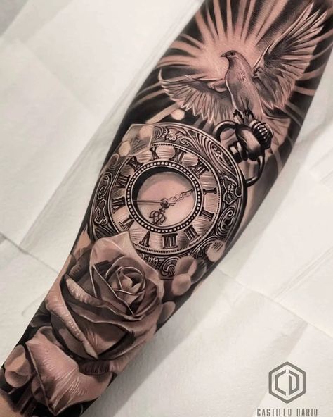 Clock Tattoo Sleeve, Christus Tattoo, Clock And Rose Tattoo, Half Sleeve Tattoos Forearm, Rose Clock, Realistic Tattoo Sleeve, Biker Tattoos, Men Tattoos Arm Sleeve, Tattoo Inspiration Men