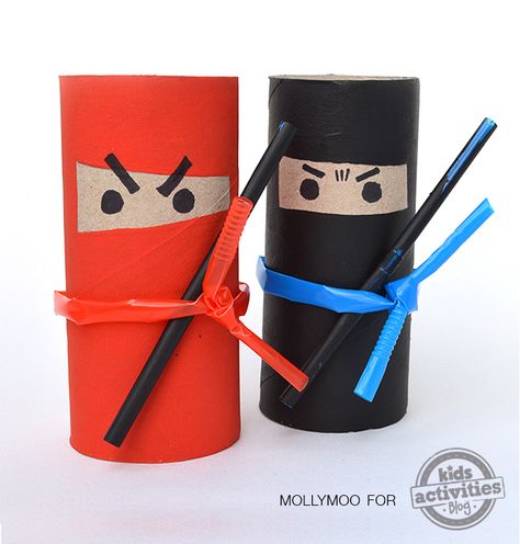 My daughter and I had SO MUCH FUN making ninjas out of toilet rolls and straws this evening! #kids #craft Ninja Themed Birthday Party, Toilet Roll Craft, Toilet Paper Crafts, Quick Crafts, Toilet Paper Roll Crafts, Paper Roll Crafts, Crafts For Boys, Crafty Kids, Toilet Paper Roll