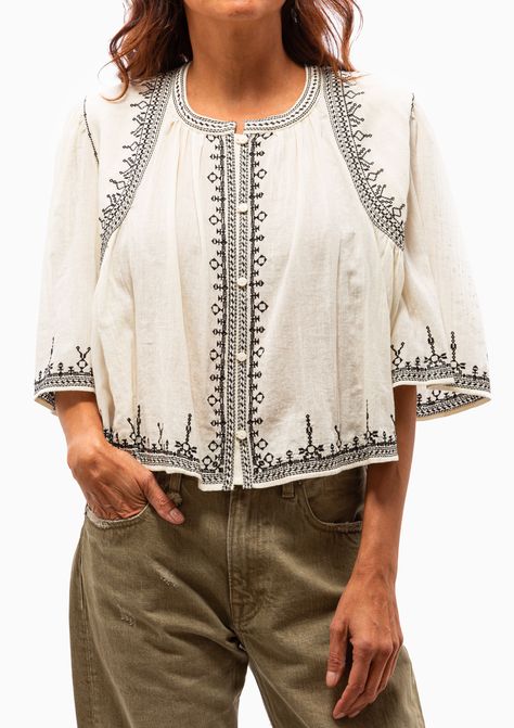 The Perkins is a printed blouse by Isabel Marant Étoile featuring a button closure in the front and embroidered details. 100% Cotton Dry Clean Model is 5’8” and wearing a size 36. Runs true to size, we recommend taking your usual size. Model’s Measurements: 26” waist 34” hips 34" bust Boho Embroidery, Tunic Designs, Embroidered Tunic Top, Embroidery On Clothes, Isabel Marant Etoile, Top Pants Set, Embroidery Fashion, Woven Top, Retro Outfits