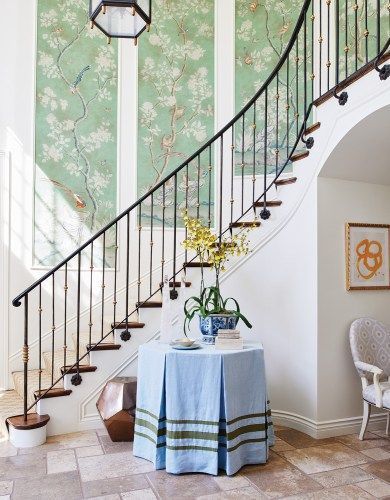 Chinoiserie panels up the staircase by Mark D Sikes Chinoiserie Wallpaper Panels, Chinoiserie Panels, Mark D Sikes, Custom Table Cloth, Blue Tablecloth, Geometric Table, Stair Case, Chinoiserie Wallpaper, American Decor