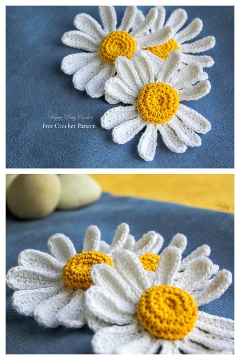 Daisy Flower Free Crochet Patterns - DIY Magazine Crochet Flower Petals Free Pattern, Daisy Applique Pattern, Crochet Daisy Pattern Free, Crocheted Daisy, Crochet Butterfly Free Pattern, Daisy Applique, Crochet Necklace Pattern, Butterfly Tutorial, Knitting Patterns Free Scarf