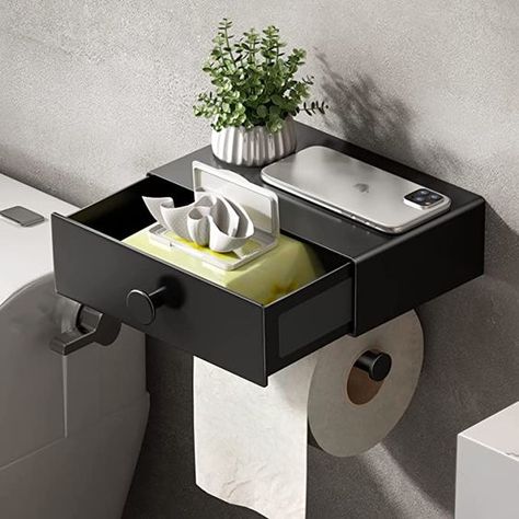 Small Bathroom Shelves, Space Saving Toilet, Toilet Paper Holder With Shelf, Black Toilet Paper Holder, Black Toilet Paper, Feminine Products, Drawer Shelf, Bathroom Toilet Paper Holders, Flushable Wipes