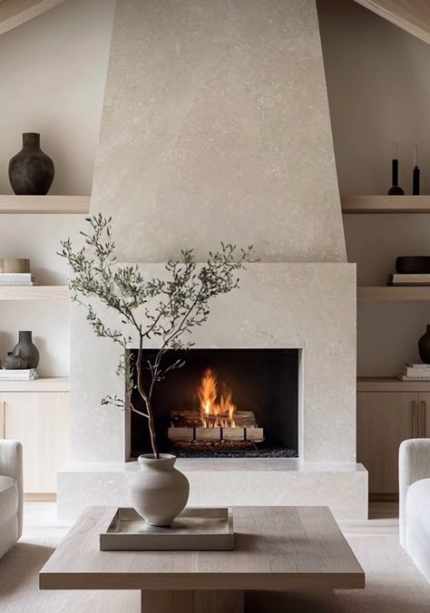 Modern Arch Fireplace, Tulum Inspired Fireplace, Venetian Plaster Fireplace Living Room, Exposed Chimney In Bedroom, Stucco Gas Fireplace, Covered Brick Fireplace, Gas Burning Fireplace, Amazing Fireplaces Dream Homes, Fireplace Ideas Plaster