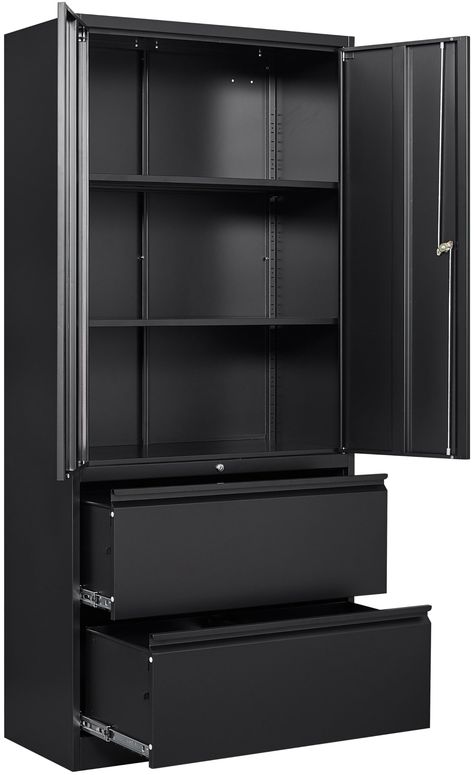 PRICES MAY VARY. 【Lockable Storage Cabinets】Our file cabinet come with locks and 2 adjustable shelf for a great fit and convenience. high end unlocks to protect valuables including keys. Whatever your storage needs, you can create a unique storage space that suits them 【HIGH QUALITY MATERIAL】The metal cabinet is integrally formed, using heavy-duty cold-rolled steel plate, the entire metal frame is thickened, more durable, each shelf has a carrying capacity of up to 180 pounds, sturdy and not eas Garage Clothing Storage, Black Metal Storage Cabinet, Garage Cabinets Ideas Wall, Corner Garage Storage, Workout Room Storage, Ikea Garage Storage Cabinets, Ivar Metal Cabinet, Garage Cabinet Ideas, Boujee Office