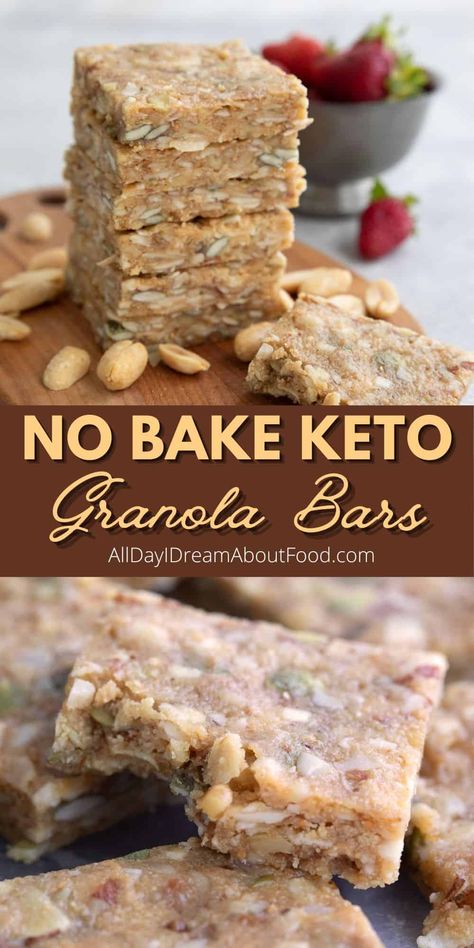 These chewy low carb granola bars take healthy snacking to new heights. So easy to make, and they're packed with protein and health fats. No oats or added sugars! Keto Protein Bars Recipe, Keto Granola Bars, Low Carb Granola Bars, Keto Protein Bars, Low Carb Bars, Low Carb Protein Bars, Low Carb Granola, Keto Breakfasts, Keto Granola