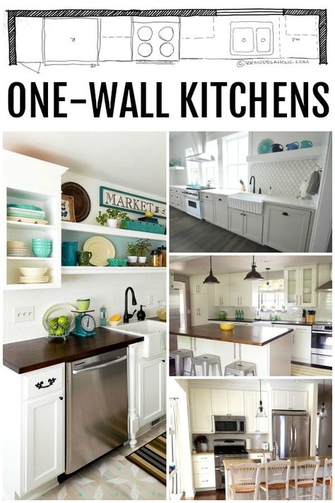 KITCHEN DESIGN | Single Wall Kitchen Layouts and Floor Plans via Remodelaholic.com One Wall Kitchen With Window, One Wall Kitchen Layout With Island, Single Wall Kitchen Layout Small Spaces, Single Wall Kitchen Layout With Island, Single Wall Kitchen Ideas, One Wall Kitchen Ideas, Downstairs Kitchenette, One Wall Kitchen Design, Single Wall Kitchen With Island