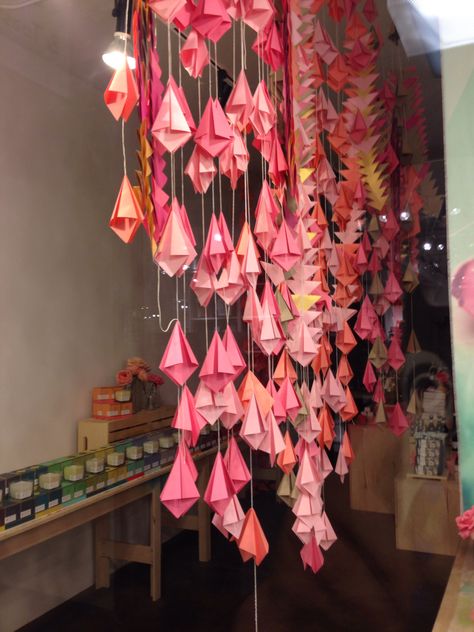 Origami Curtain, Paper Crane Curtain, Paper Crane Origami Decor, Origami Cranes Aesthetic, Hanging Cranes Origami Decoration, Origami Crane Hanging, Magic Fingers, Diy Origami, Ceiling Decor