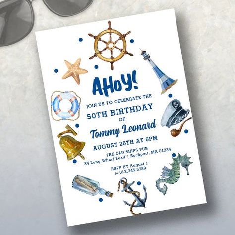 50th Birthday Nautical Summer 2024 Invitation for $2.82 - Birthday Invitations Pool Party Themes, 100th Birthday Party, Nautical Themed Party, Ships Wheel, 21st Birthday Invitations, 30th Birthday Invitations, 50th Birthday Invitations, 40th Birthday Invitations, 70th Birthday Parties