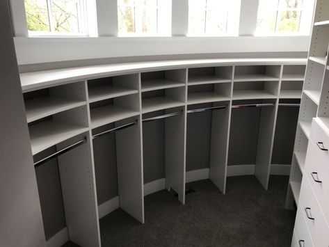 Curved Closet Walls? Creative Closet Design | Closet Storage | Minneapolis & St. Paul Closet Wall Design, Closet Organization Designs, Organizing Walk In Closet, Closet Wall, Creative Closets, Staircase Storage, Beautiful Closets, Closet Organizing Systems, Closet Layout