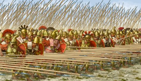 Macedonian phalanx wielding the sarissa - a 4 to 7 meter (13–21 feet) long spear. The invention of the sarissa is credited to Philip II, father of Alexander the Great. Battle Of Gaugamela, Ancient Macedonia, Greco Persian Wars, Classical Greece, Warriors Illustration, Hellenistic Period, Historical Warriors, Roman Legion, Greek Warrior