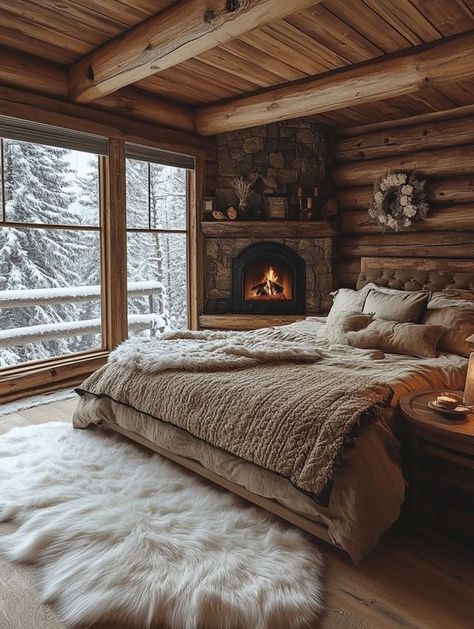 Cozy Winter Cottage, Grey And Pink Living Room, Log Cabin Mansions, Cabin Bedrooms, Cottage Vibes, Log Cabin Interior, Cabin Bedroom, Winter Cottage, Pink Living Room