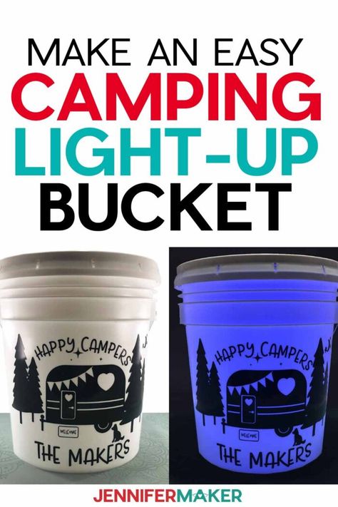 Camping Buckets With Lights, Camping Lights Diy, Camping Projects, Camping Hacks Diy, Bucket Light, Camping Decor, Easy Camping, Diy Camping, Cricut Craft Room