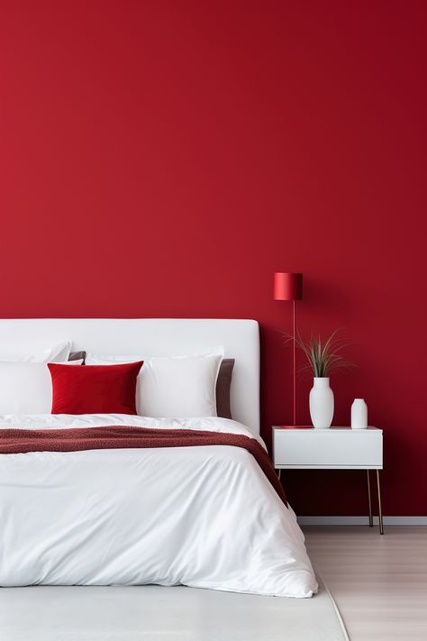 Showcase your love for minimalist design and bold hues with this scarlet red bedroom, featuring clean lines and white linen. Spare Bedroom Paint Ideas, Red And White Room, Gray Red Bedroom, Red And White Bedroom, Bedroom Painting Ideas, Red Feature Wall, Red Bedroom Ideas, Red Room Decor, Red Bedroom Decor